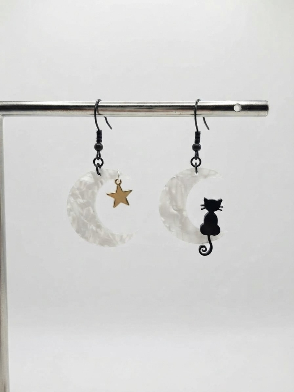 NEW Handmade Pearlescent Moon & Black Cat Dangle Earrings  (0347)